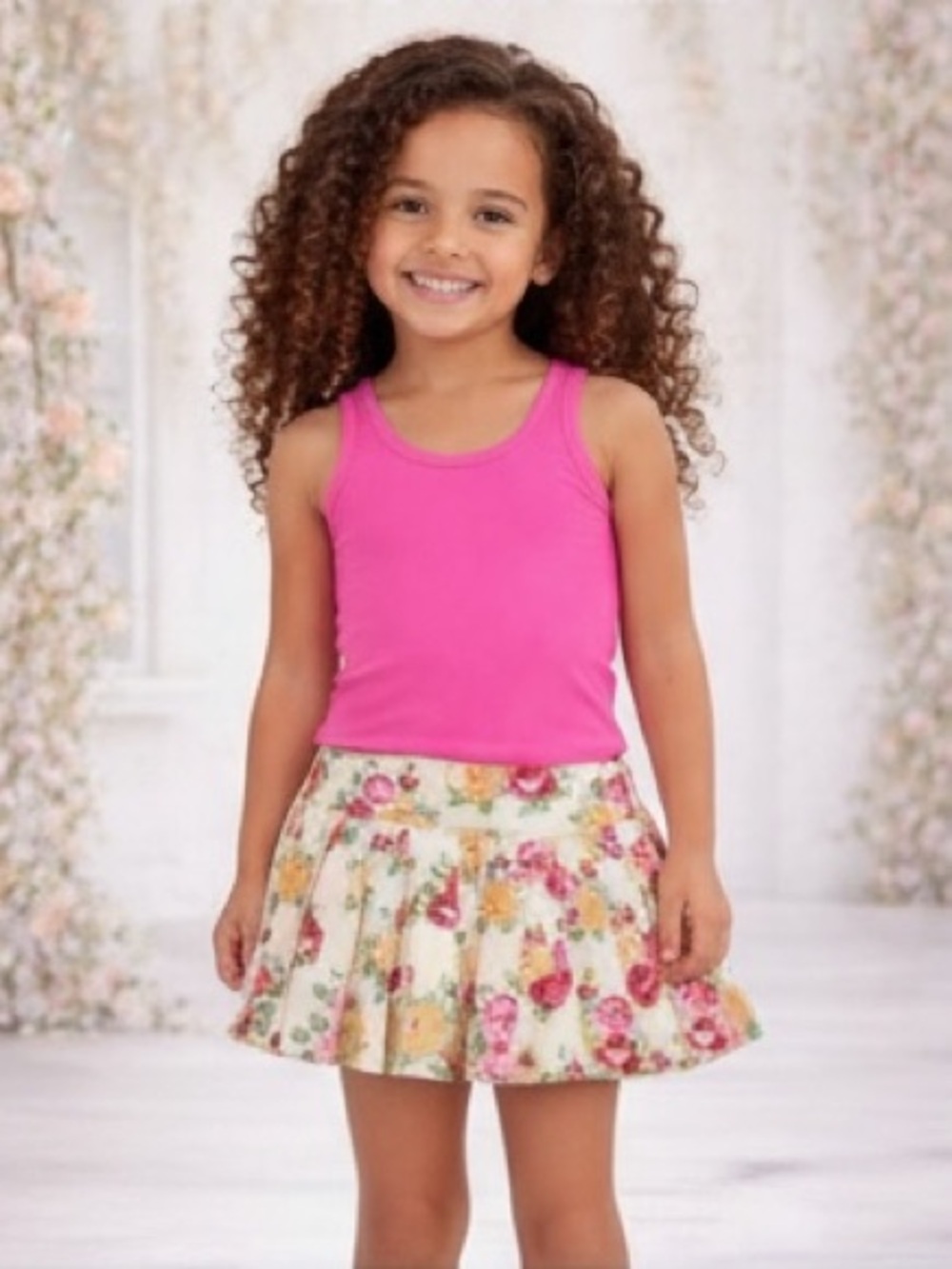 New Girls 2 Piece Pink Floral Athletic Set Activewear Set Skort & Tank Stretch‎